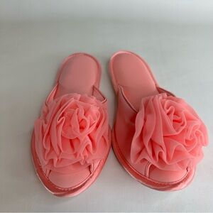 Vtg Dot and Peg House Slippers Pink Satin Rose Flower Slip On 50s/60s Sz 5/6